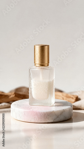 Square Cosmetic Bottle with Gold Cap on a Marble Podium