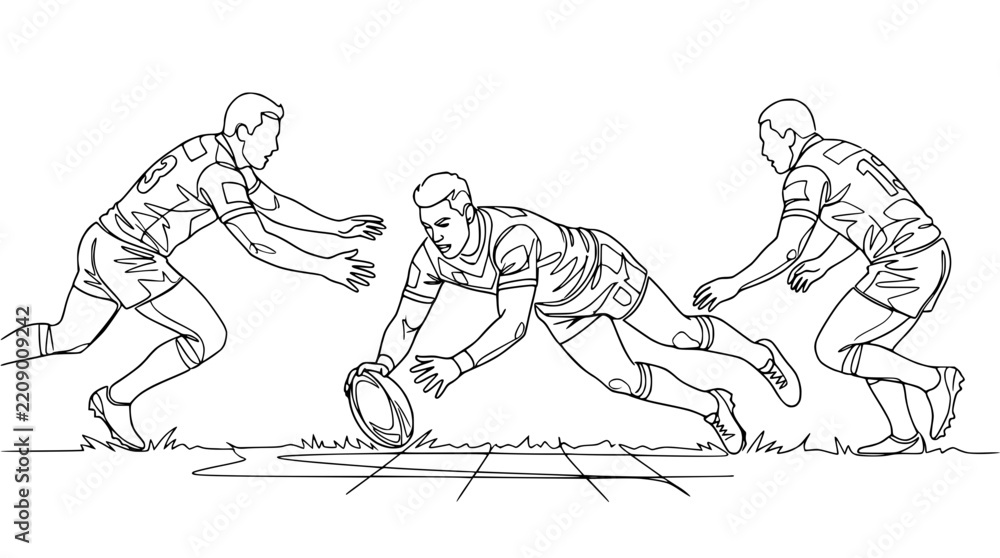 Fototapeta premium Rugby player scoring a try, isolated line art, sports action