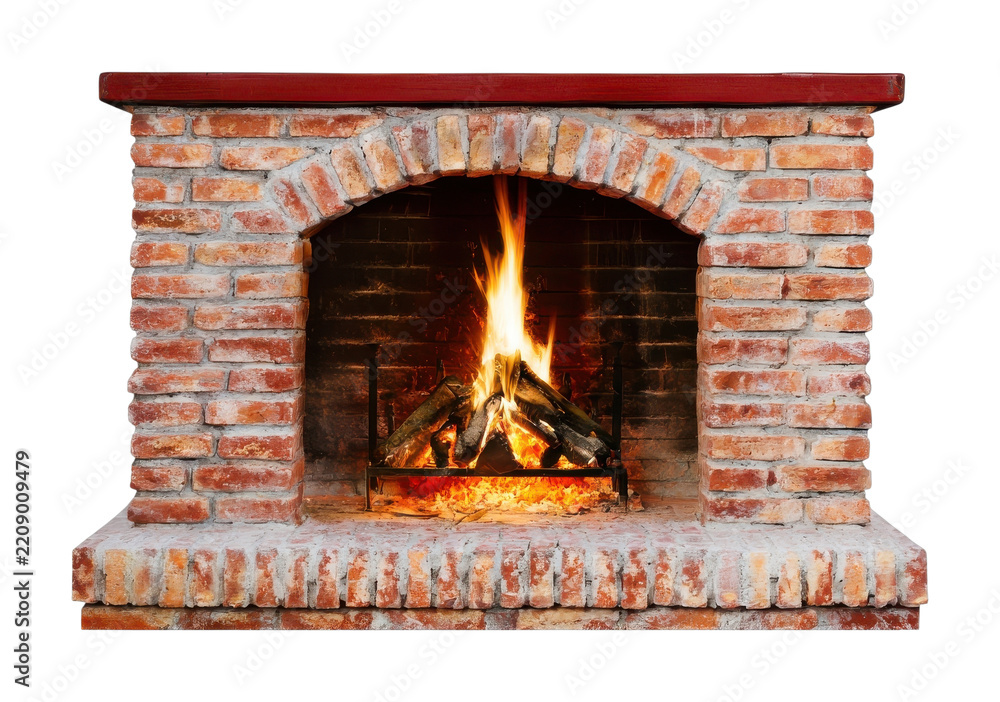 Fototapeta premium PNG Rustic brick fireplace with glowing fire on white background