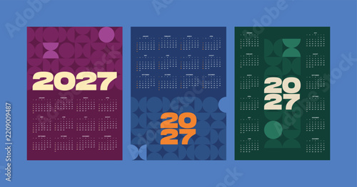 Set of 3 modern 2027 wall calendar poster templates with abstract geometric retro patterns and bold typography