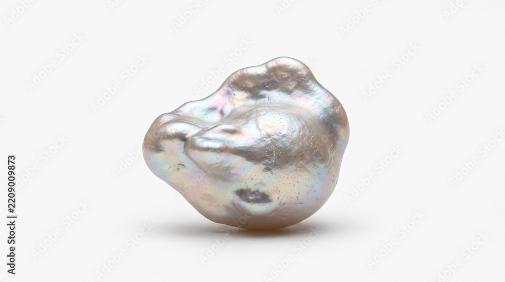 Obraz premium Baroque pearl showcasing an irregular organic shape and lustrous iridescent surface resting isolated on a pure white background.