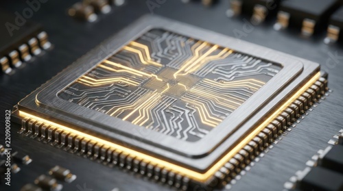 Close up of a modern computer processor chip with intricate circuitry