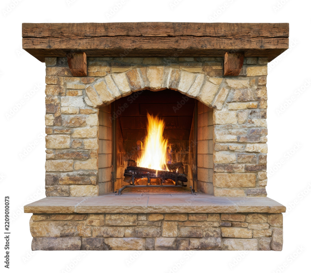 Fototapeta premium PNG Rustic stone fireplace with glowing fire and wooden mantel