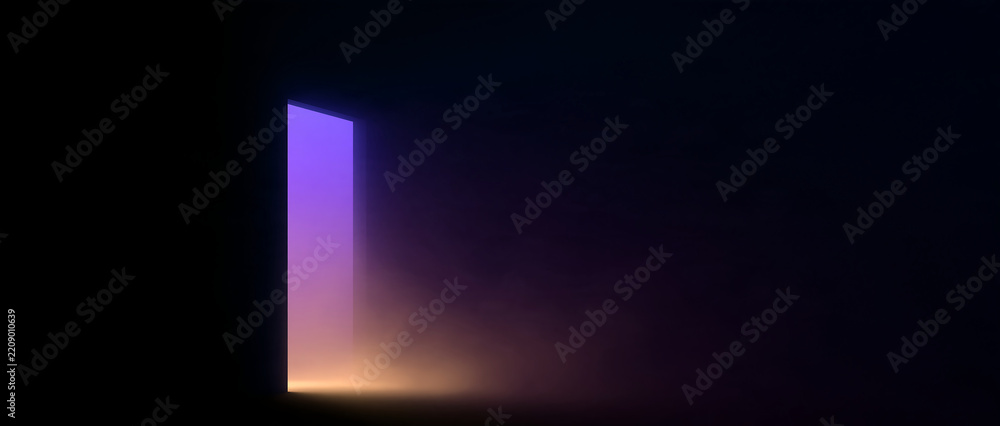 Naklejka premium Open door in a dark room with glowing purple and orange light. Cinematic smoke and fog spilling through the doorway. Mystery and transition concept