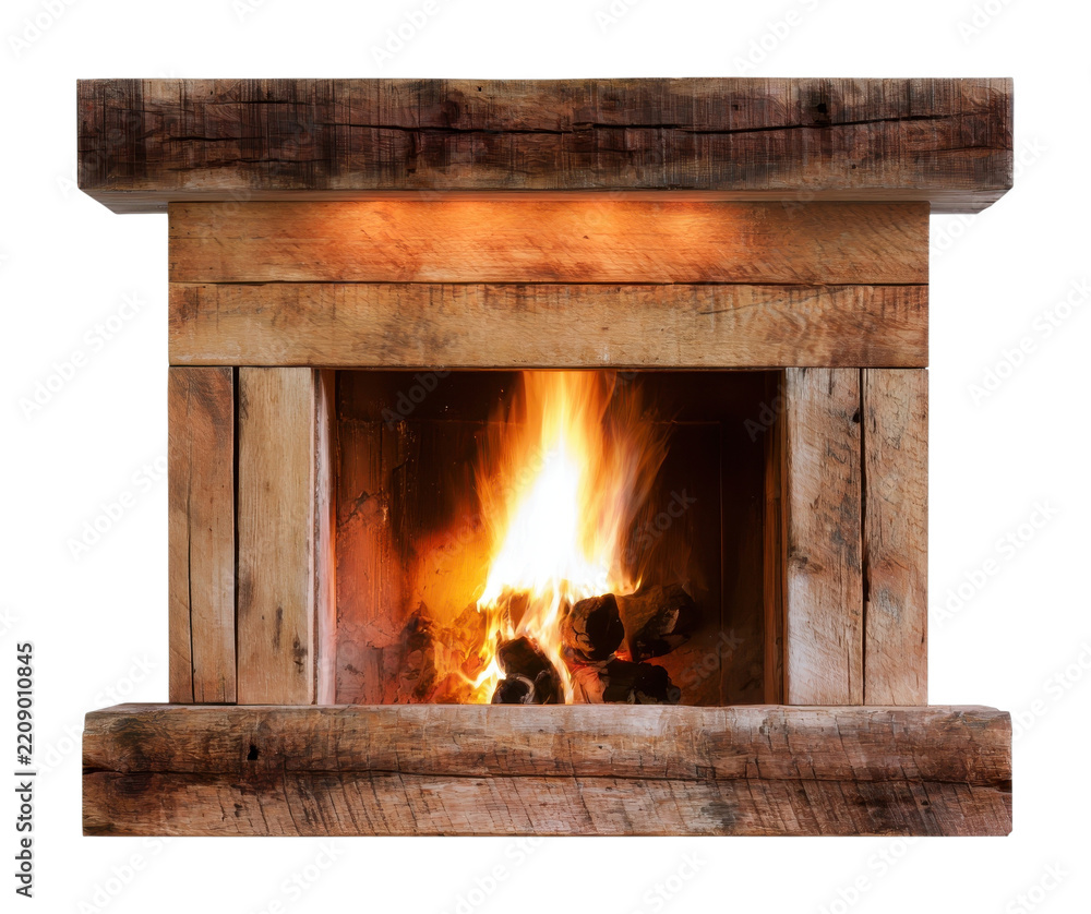 Fototapeta premium PNG Rustic wooden fireplace with warm glowing flames and logs
