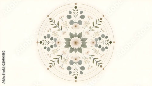 A delicate and minimalist botanical mandala featuring soft white flowers and eucalyptus leaves on a calming cream background.