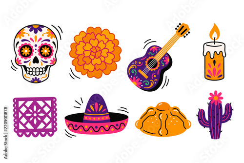 Día de los Muertos set with sugar skull, guitar, and pan de muerto