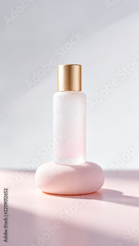 Tall Frosted Cosmetic Bottle on a Rounded Pink Pedestal