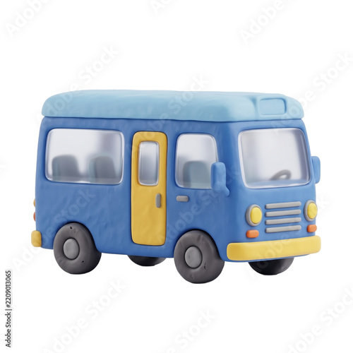 3D clay art of a blue and yellow toy bus icon isolated on a transparent background