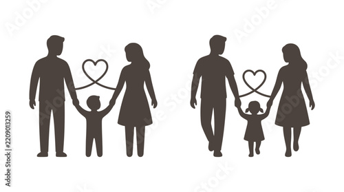 Family love bond silhouette illustration with parents and child holding hands.