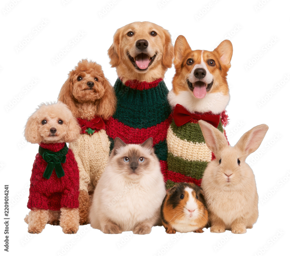 Obraz premium PNG Festive pets wearing knitted holiday sweaters, isolated on white