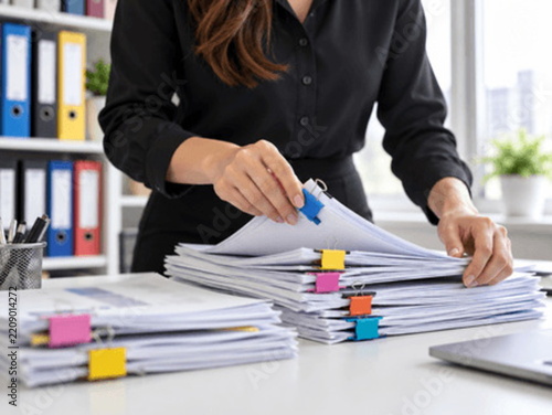 Professional businesswoman organizing documents and paperwork at her desk in a modern office