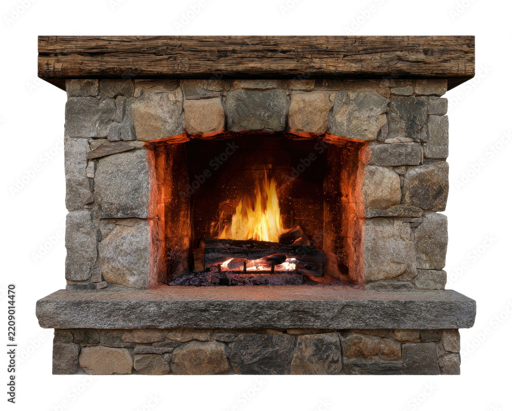 Fototapeta premium PNG Rustic stone fireplace with glowing fire and wooden mantel