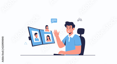Man attending a video conference call with multiple participants, waving hello from his home office setup