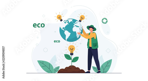 Man Caring for Earth and Sustainable Ideas with Growing Plants and Lightbulbs - Eco-Friendly Concept