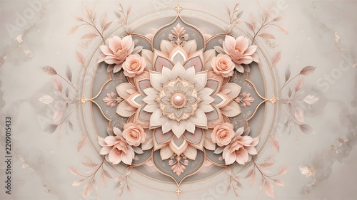 A delicate soft pink floral mandala featuring elegant geometric frames, subtle roses, and silver-gold accents on a marble texture.