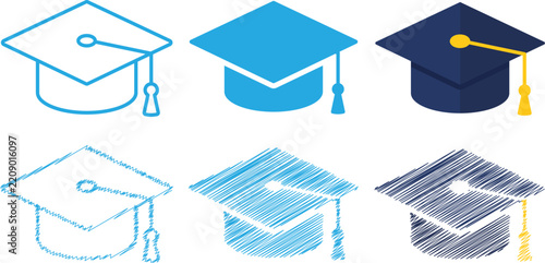 Graduation Cap Icon Set in Outline, Solid and Sketch Styles