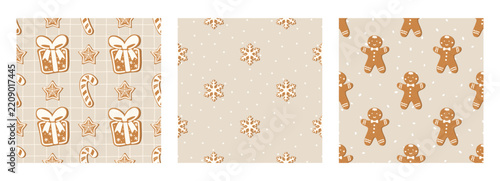 Bg snowflake texture with seamless pattern of snowman and hohoho. Motifs for festive cover design new year vector elements like. Cookie snack and gingerbread decor with stripe and icing details.
