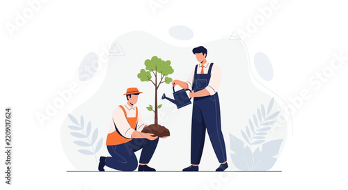 Two men planting a tree, one watering it, modern flat vector illustration symbolizing growth, sustainability and teamwork.