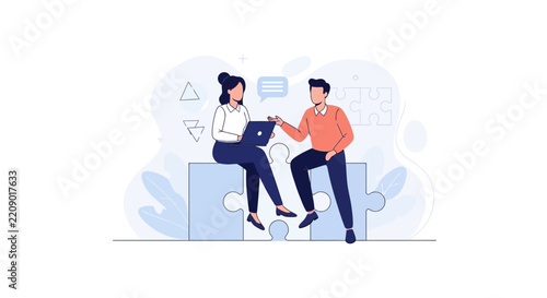 Two people collaborating on a laptop, sitting on puzzle pieces, representing teamwork, strategy, and communication in a modern flat design.
