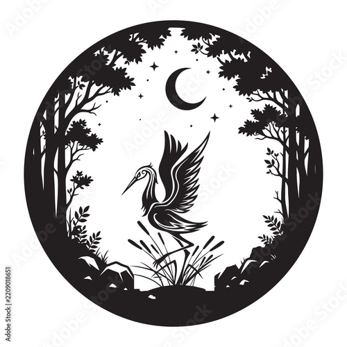 Phoenix Bird Silhouette Flying in Crescent Moon Circle Frame