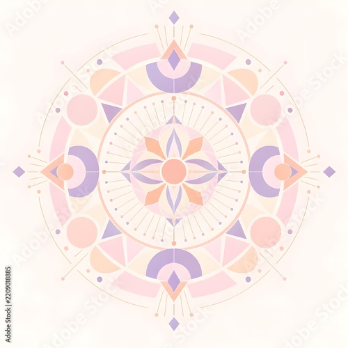 Geometric pastel mandala with soft pink, peach, and purple tones, featuring minimalist sun and moon symbols.