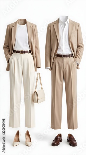 Coordinated beige and white business casual outfits for men and women featuring blazers, trousers, and leather shoes.