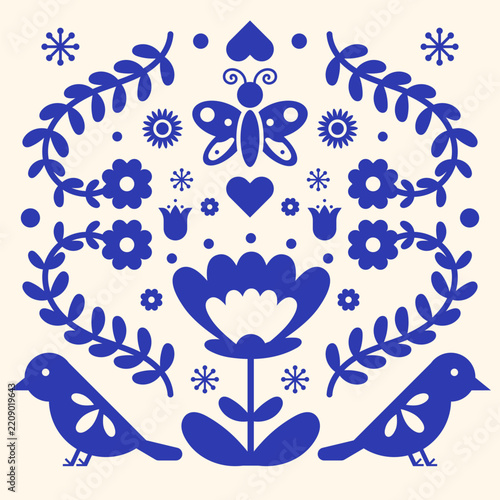 Blue Folk Birds Butterfly and Flower Motif