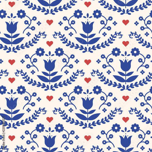 Blue Folk Tulip Pattern with Floral Branches