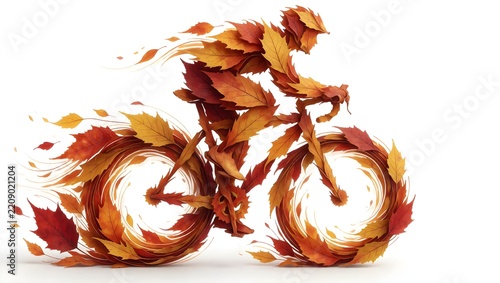 A dynamic cyclist and bicycle sculpture made entirely of autumn leaves in motion.