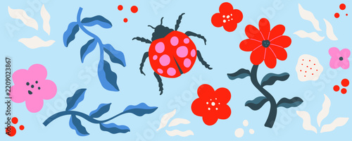 Colorful Floral Pattern Featuring Ladybug and Vibrant Blooms Against a Blue Background