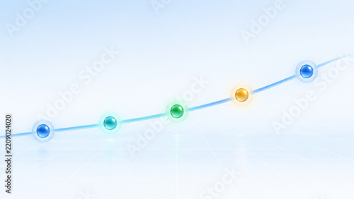 Rising line graph with glossy multicolored spheres on light blue background