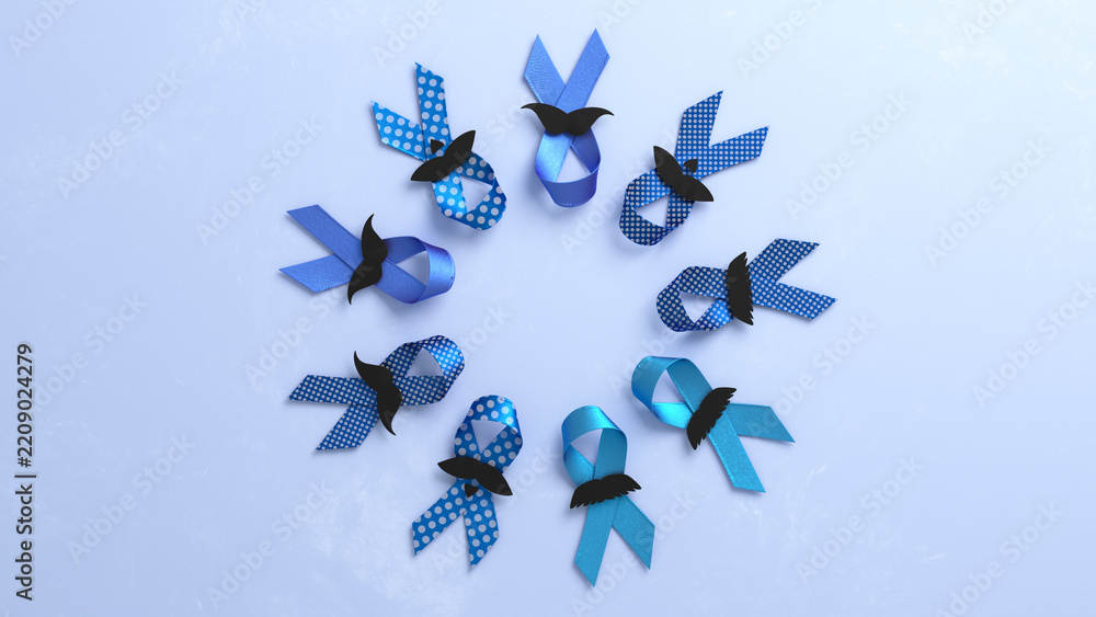 Fototapeta premium Blue ribbons with mustaches for movember awareness. 3d illustration