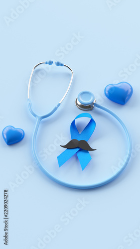 Blue ribbon, stethoscope and mustache for men's health. 3d illustration