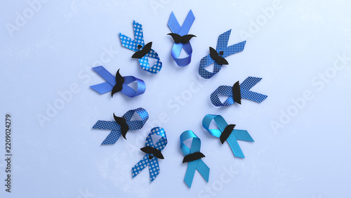 Blue ribbons with mustaches for movember awareness. 3d illustration