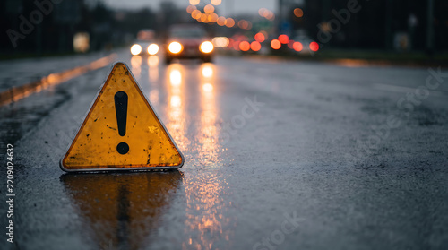Yellow warning triangle sign on a wet rainy road with blurred car headlights