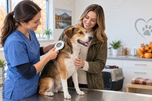 Veterinary worker scanning a dog's microchip while its owner provides reassurance at an animal clinic for pet identification and routine care
