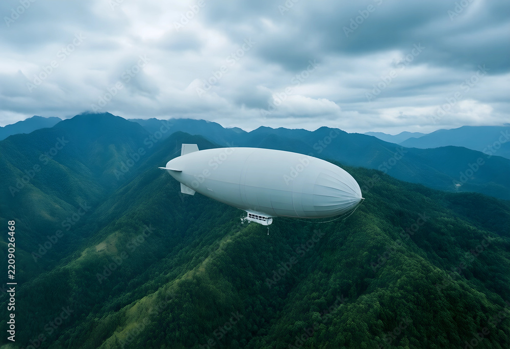 Fototapeta premium Aerial travel and tourism, white blimp airship flying over green mountain range with cloudy sky for adventure exploration and sustainable transport