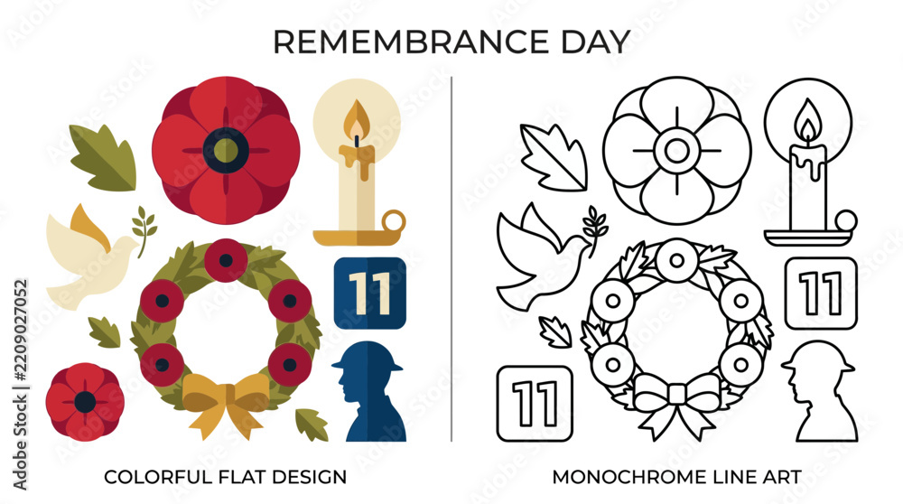Obraz premium Remembrance Day Icons: Poppy, Wreath, Candle, Dove, Soldier Silhouette
