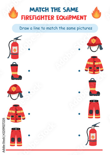 Match the Same Firefighter Equipment – Draw a Line Matching Worksheet for Kids