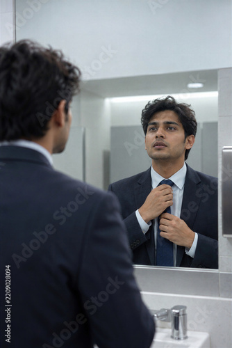 Young indian man in suit adjusting tie in bathroom mirror reflection, preparing for important job interview