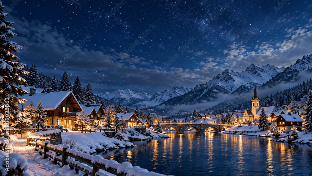 Obraz premium Snowy_Christmas_Eve_Village_under_Starry_Sky_6x.png