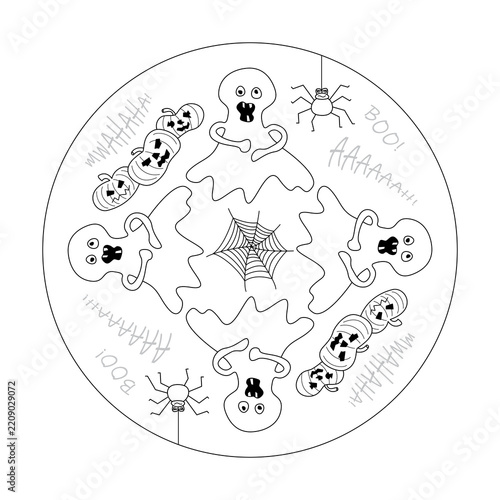 Ghost terrified by Halloween. Mandala Coloring Page. English Language. Vector illustration.
