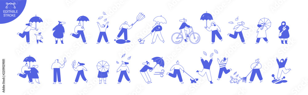 Obraz premium Monochrome blue outline vector set of people in autumn weather with umbrellas, wind, leaves, cycling, dog walking, raking and seasonal outdoor activities. Editable stroke.