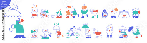 Colorful flat outline vector set of people enjoying autumn weather, rain, wind, cycling, shopping, walking dog and seasonal activities. Editable stroke, isolated on white.