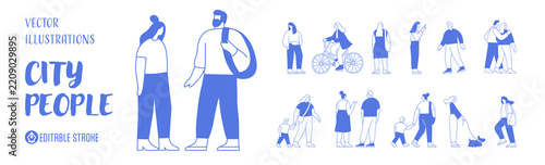 Editable stroke vector people collection featuring men, women and children in outdoor scenes. Minimal line art crowd isolated on white background.