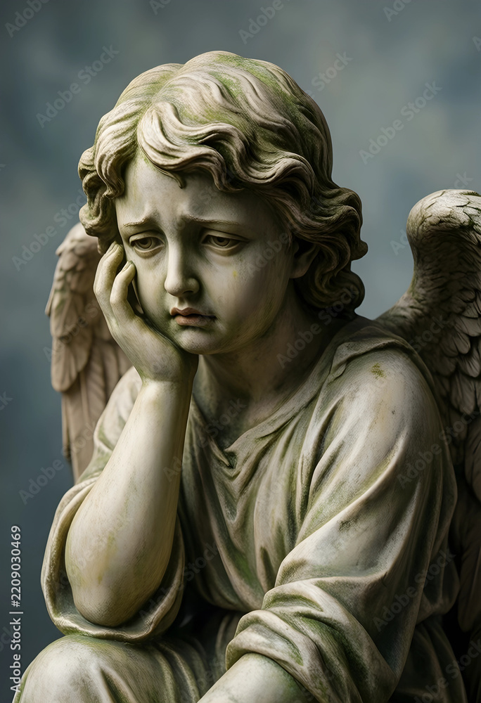 Fototapeta premium Grief and mourning concept, sad angel statue with weathered stone texture expressing sorrow and loss in a cemetery setting with soft moody lighting