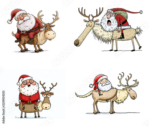 Tired Santa Claus riding a reindeer humor design illustration