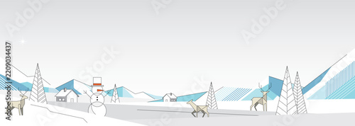 Minimalist geometric winter wonderland with dusk sky background modern retro style horizontal template have blank space.