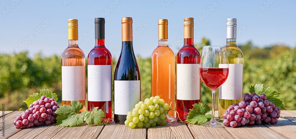 Obraz premium Rustic wooden table showcasing Croatian wine bottles surrounded by grapevines in a summer vineyard setting.